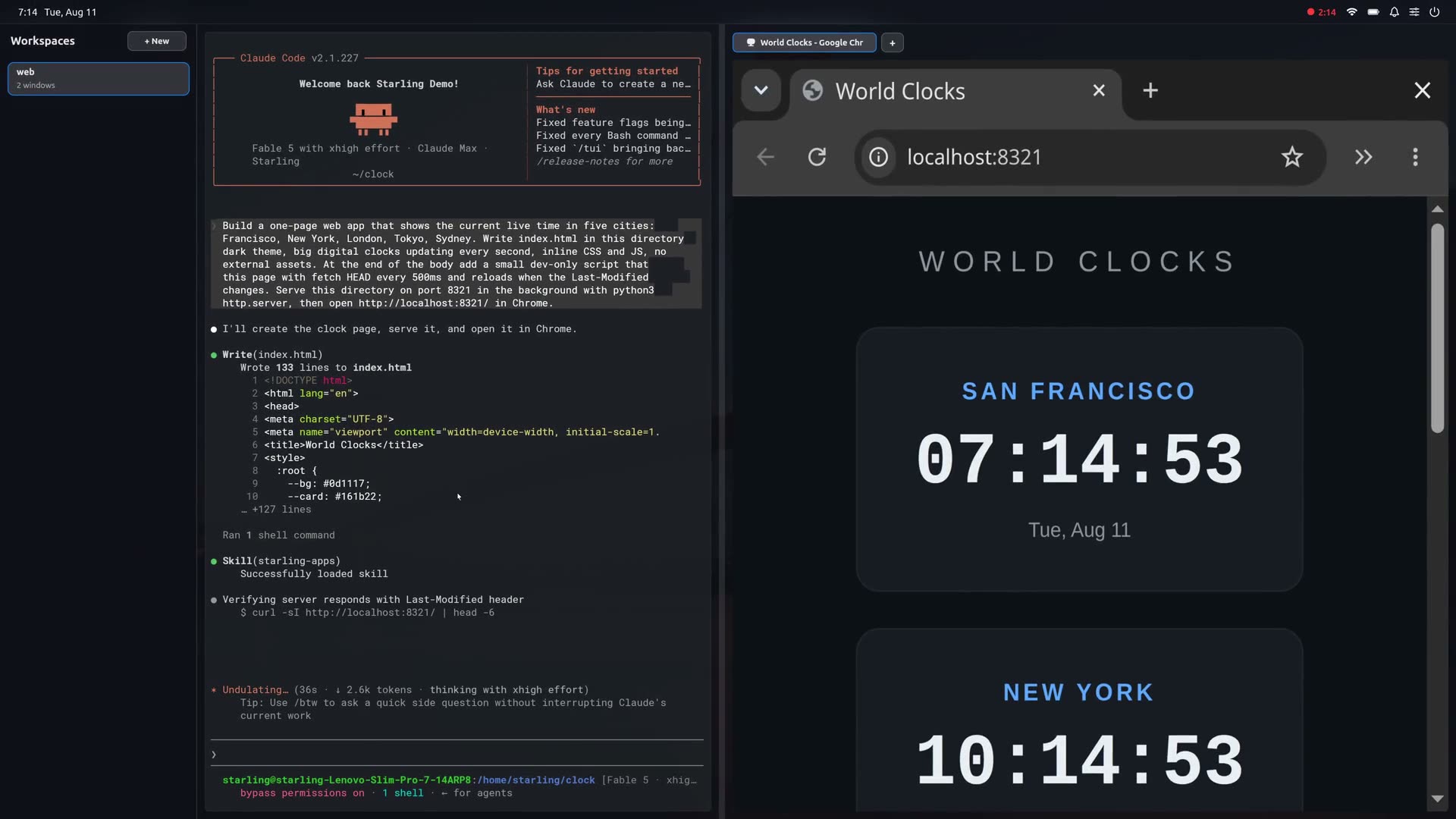 A workspace driving itself: a coding agent in the terminal down the middle, the page it built open in Chrome as a tab beside it.