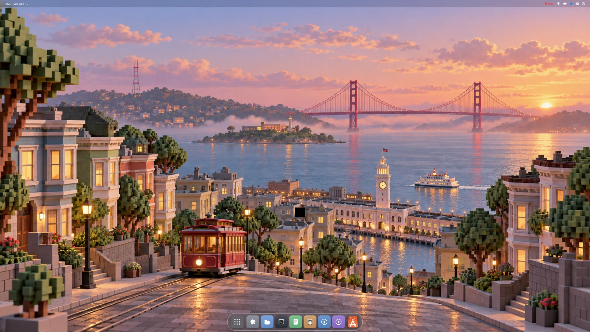 Starling’s 2D desktop with a status bar, dock, and city wallpaper.