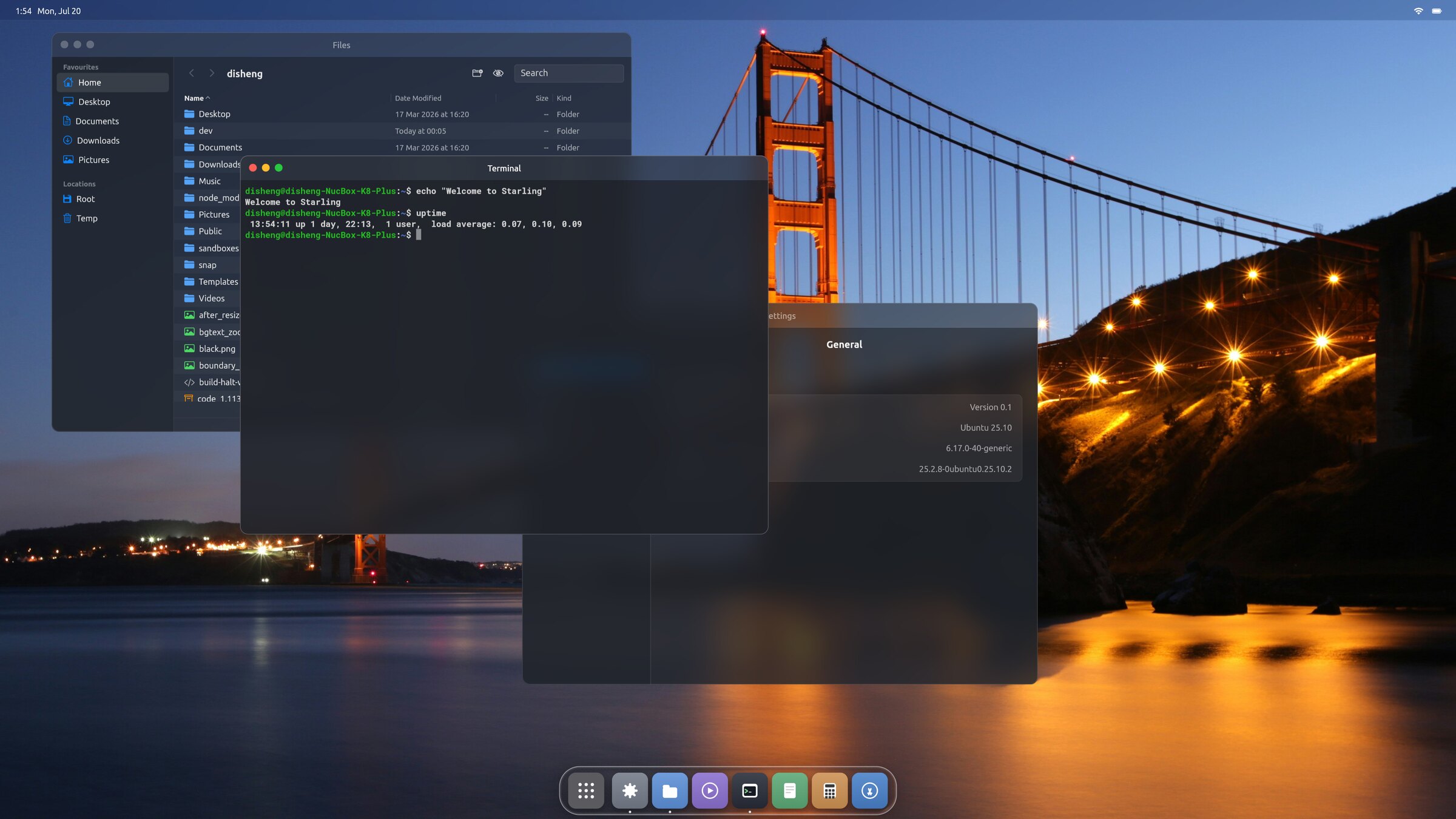 The Starling desktop: the Files, Terminal and Settings apps open in a cascade over a Golden Gate Bridge wallpaper, with a menu bar on top and a glass dock along the bottom. Settings reads 'Starling OS, Version 0.1, Ubuntu 25.10'.