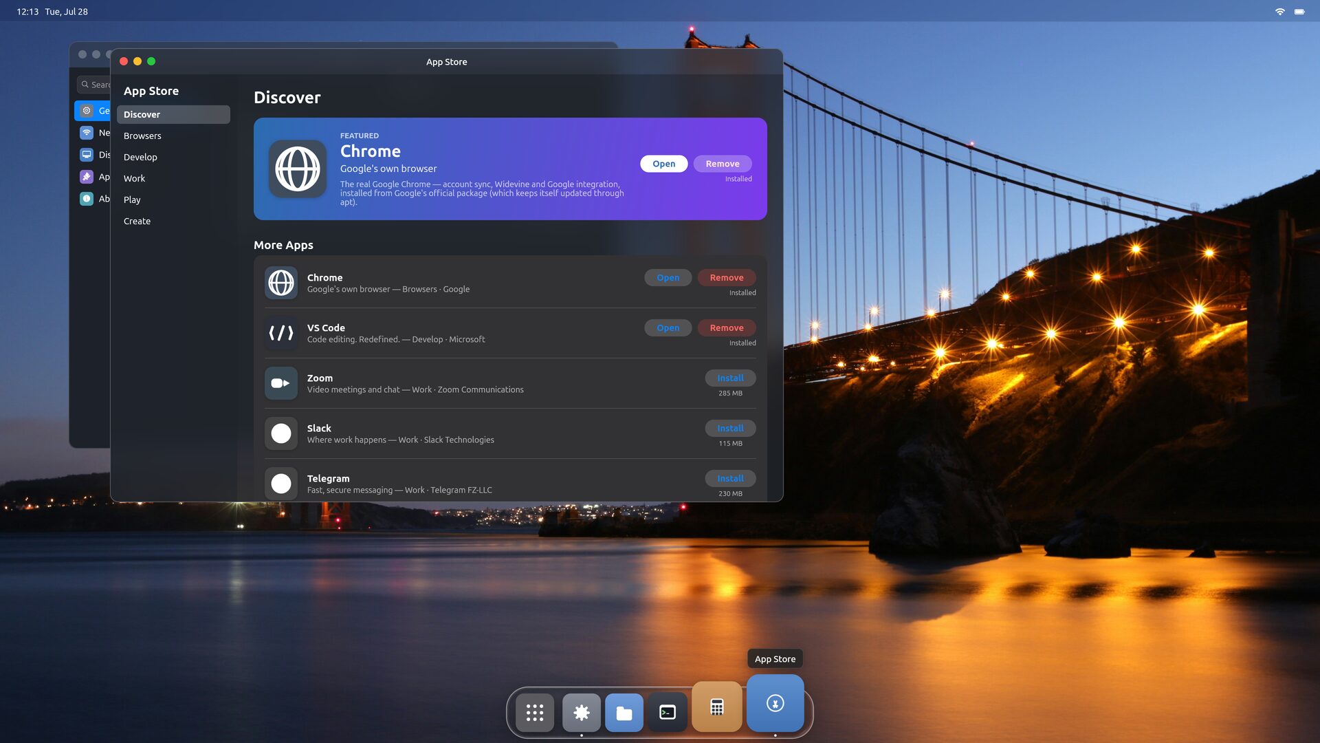 The App Store: a sidebar of categories (Discover, Browsers, Develop, Work, Play, Create), a featured Chrome tile, and a list of apps with Install, Open and Remove buttons and download sizes.