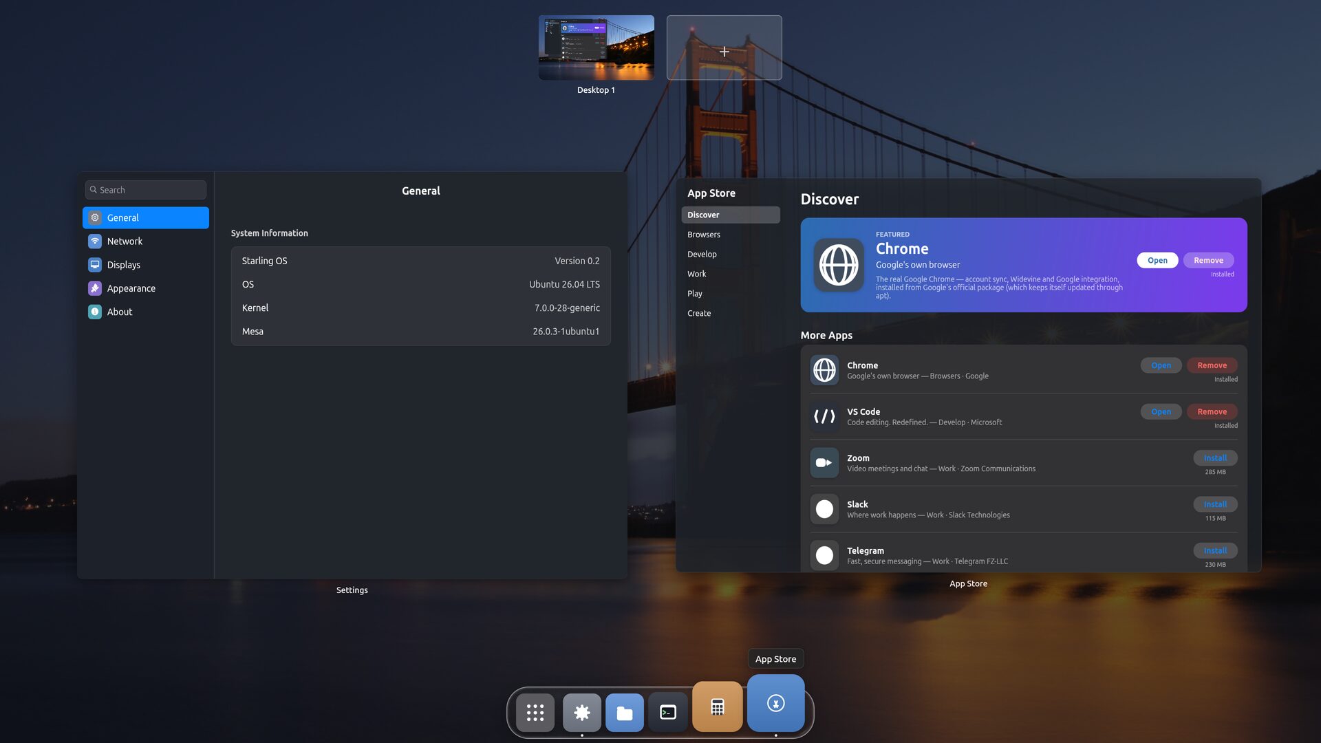 Mission Control: a strip of space thumbnails at the top labelled 'Desktop 1' with a '+' tile to add another, and the current desktop's windows shown below.