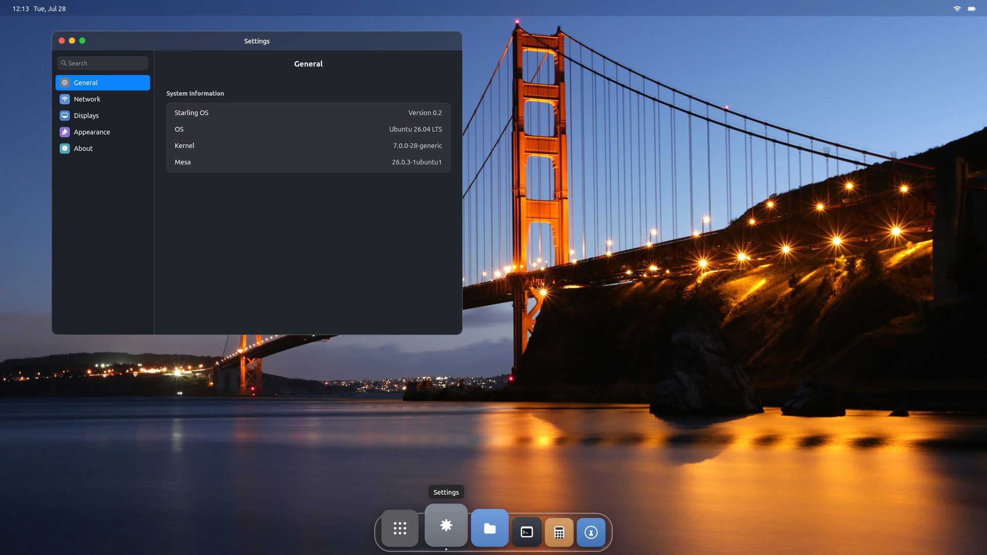 The Settings app: a sidebar with General, Network, Displays, Appearance and About; the General page shows System Information reading Starling OS Version 0.2, Ubuntu 26.04 LTS.