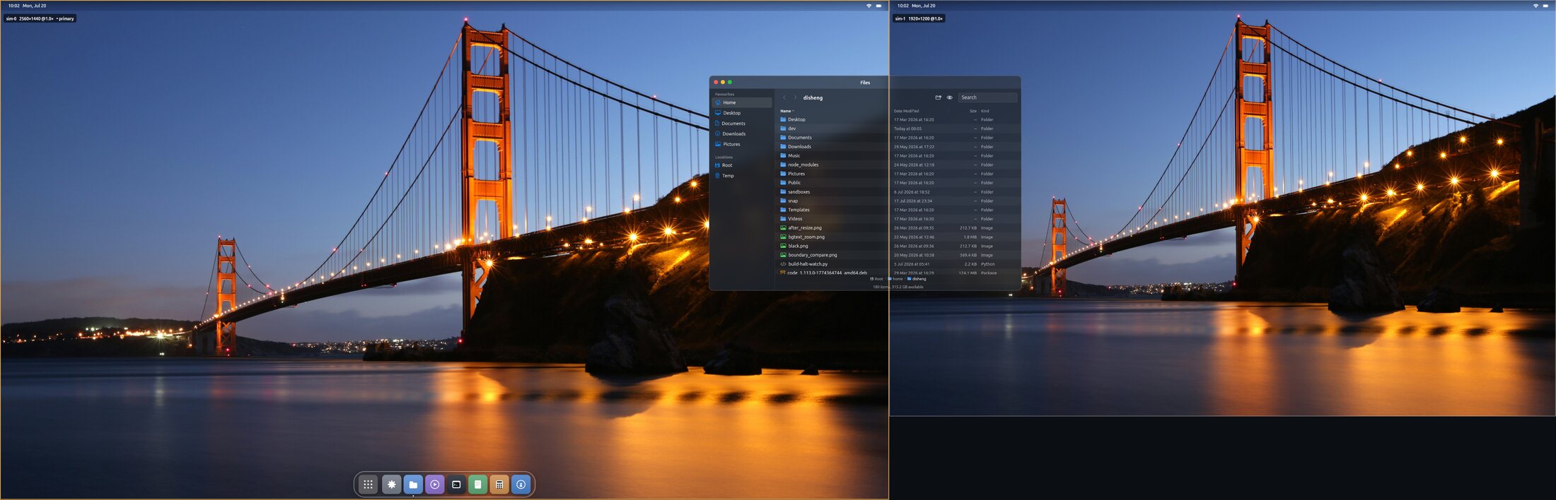 Two monitors side by side on Starling, each with its own menu bar and wallpaper. A Files window sits across the boundary, its left half drawn on one screen and its right half on the other.