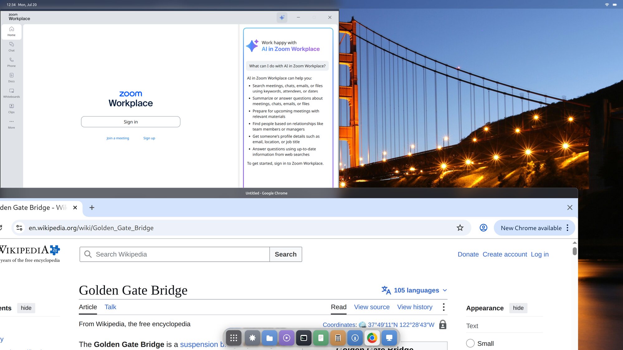 The Starling desktop with Zoom open as an X11 client and Chrome as a Wayland client, both composited into the same desktop over the wallpaper.