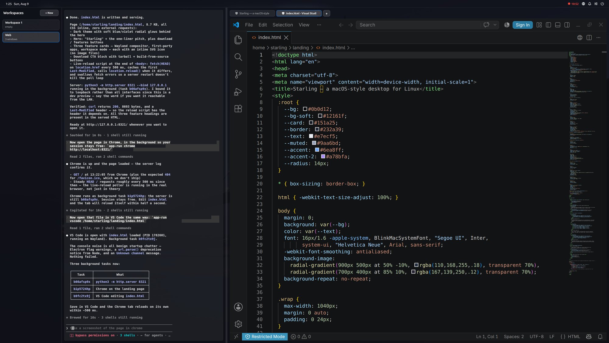 Starling in workspace mode: a workspace list on the left, a coding agent running in a terminal down the middle, and VS Code captured as a tab on the right.